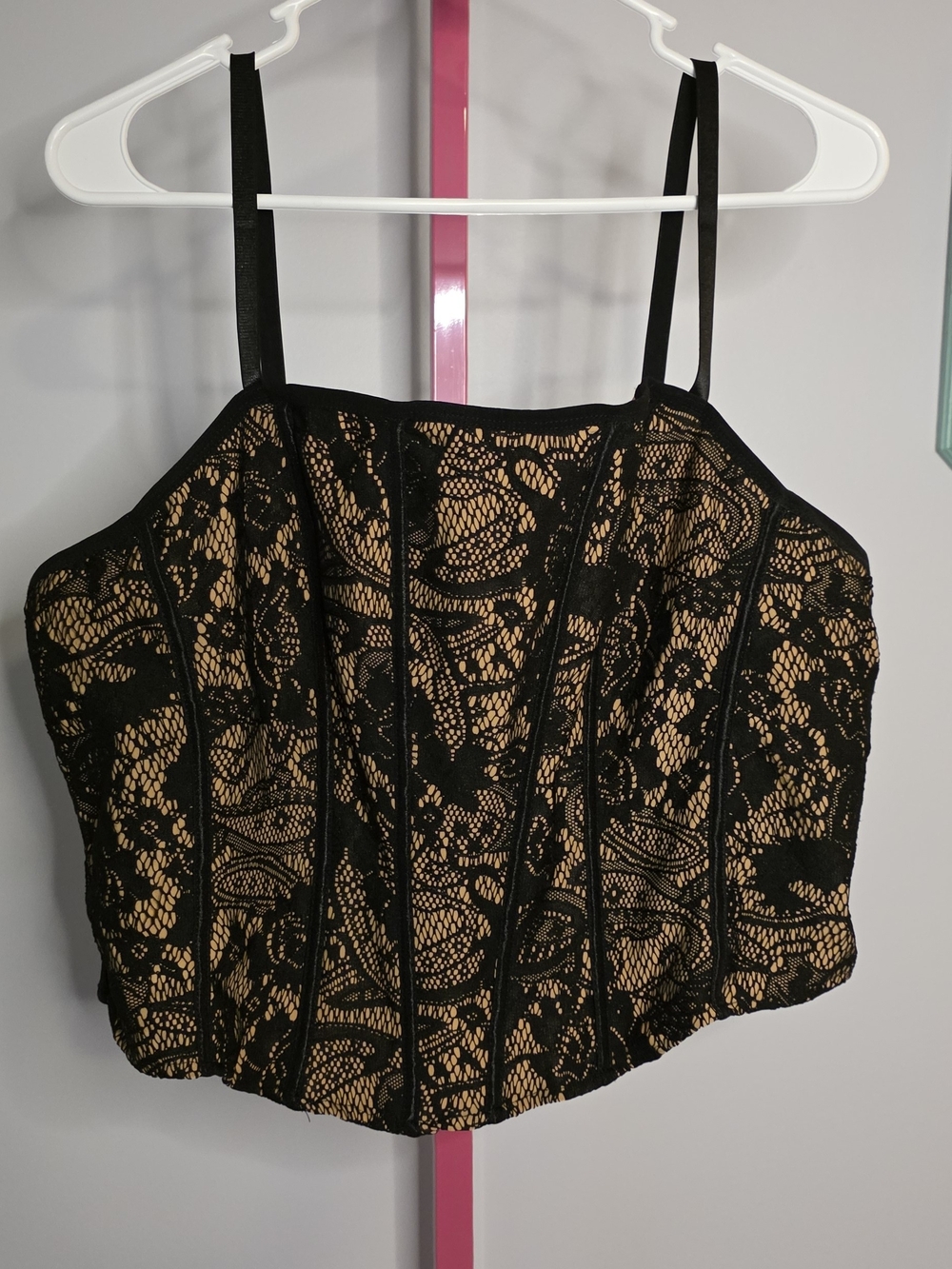 Black Lace Overlay Nude-Underlay Cropped Corset Sz 1X